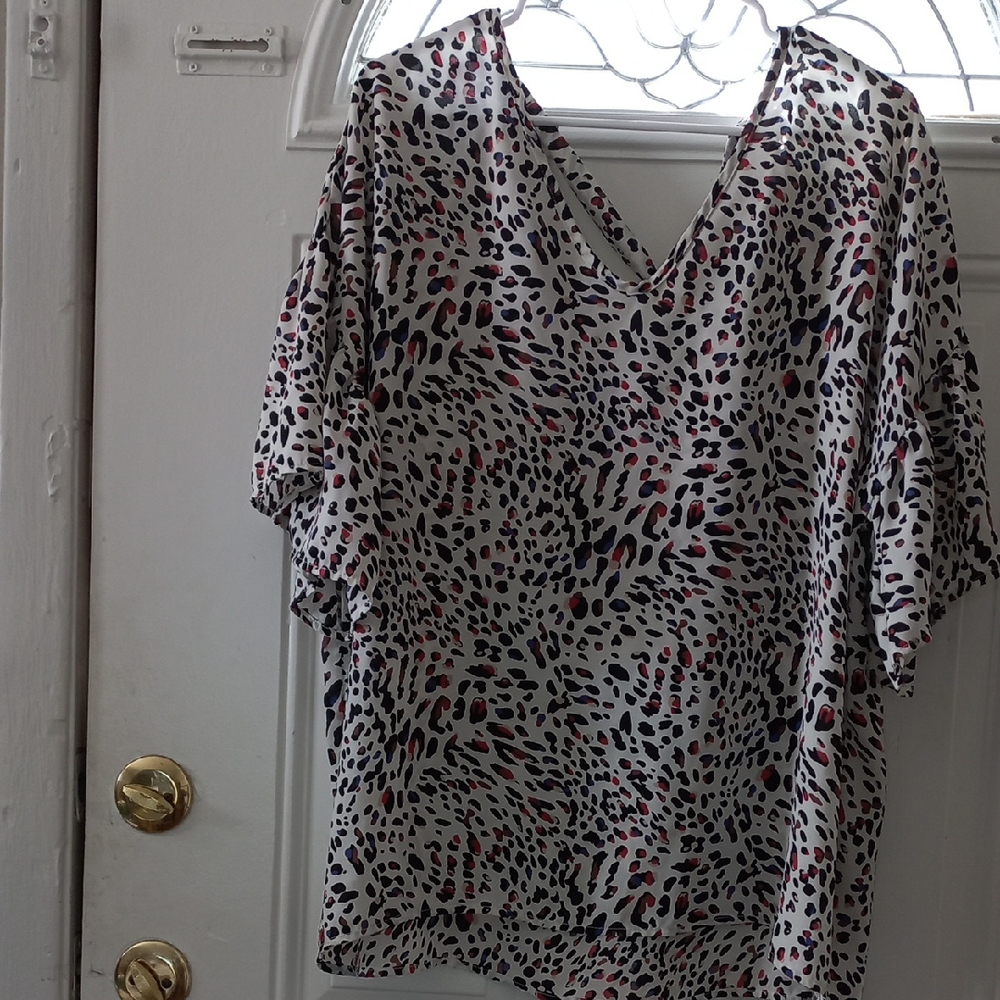 Women's V-Neck Animal Print Blouse - Cream with Black & Pink Spots